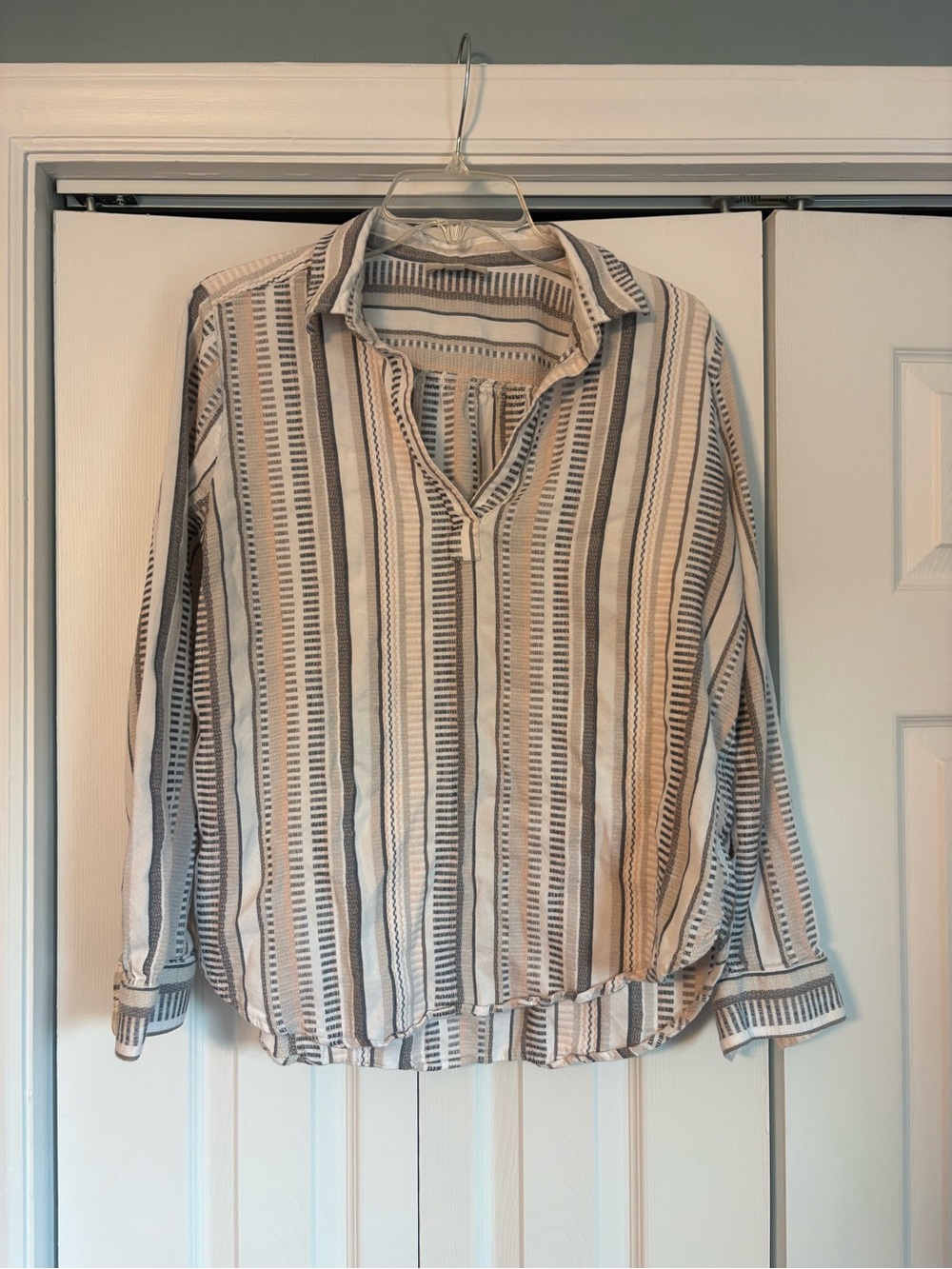 LOFT Cream, Navy, & Peach Striped Button-Front Blouse